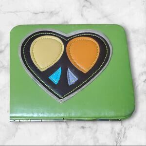 Hard Sided Faux Leather Wallet Peace Sign Green Yellow Small